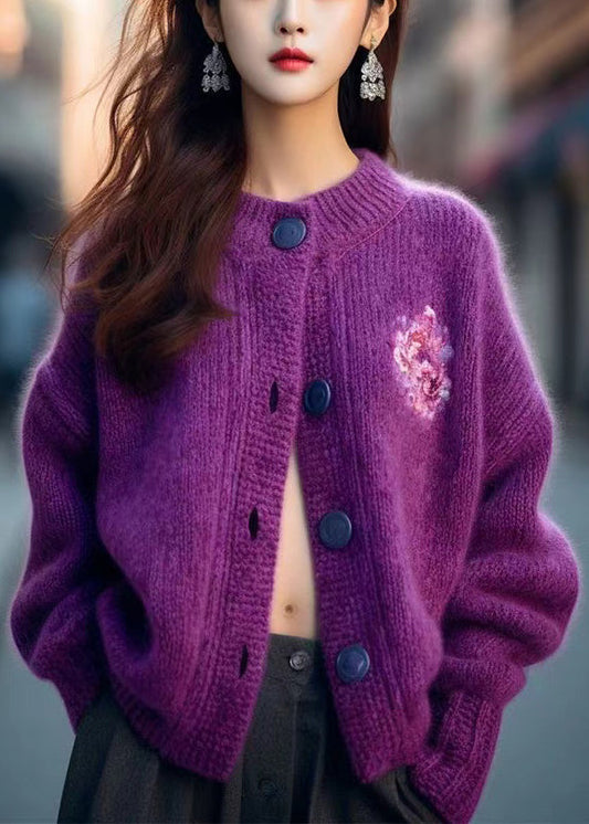 Purple O Neck Button Cozy Knit Cardigan Winter Wx019