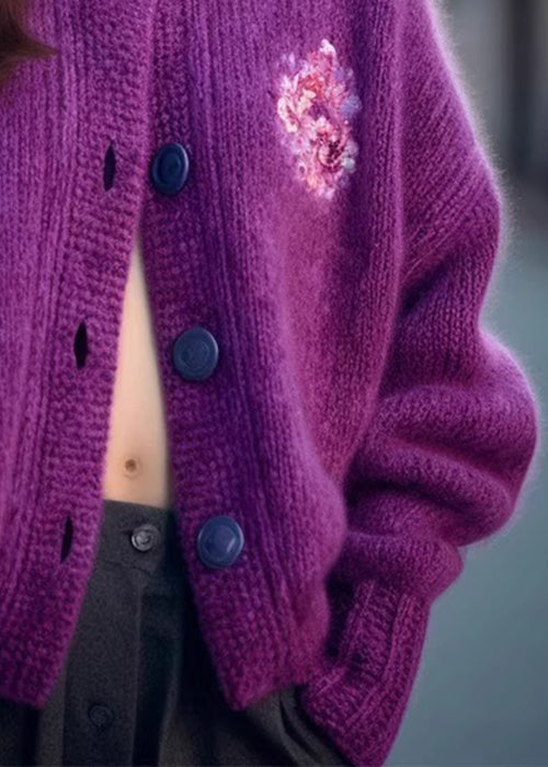 Purple O Neck Button Cozy Knit Cardigan Winter Wx019
