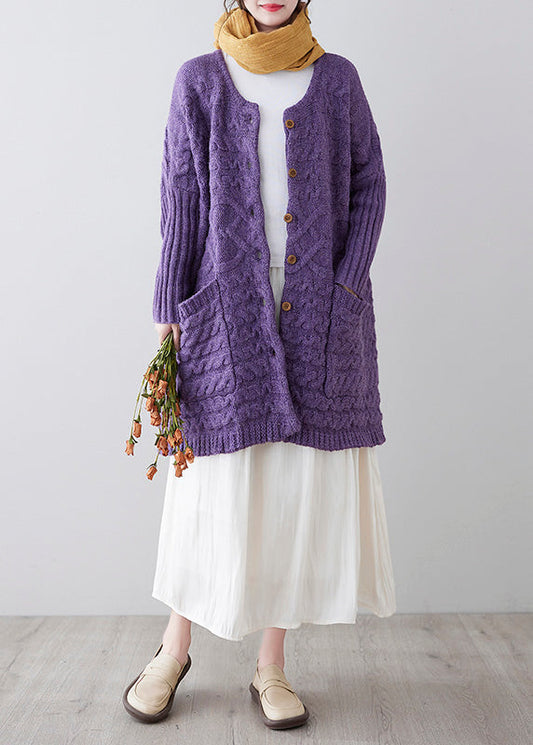 Purple O-neck Button Knit Loose Knit Cardigans Spring F4176
