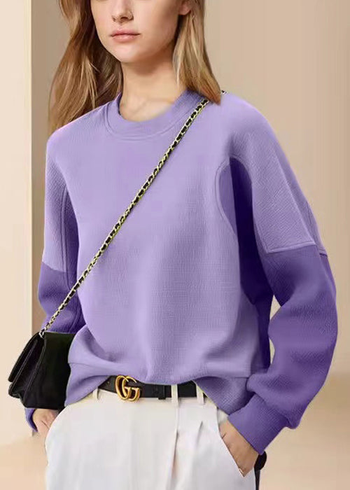 Purple O Neck Patchwork Cotton Sweatshirt Fall Wx012