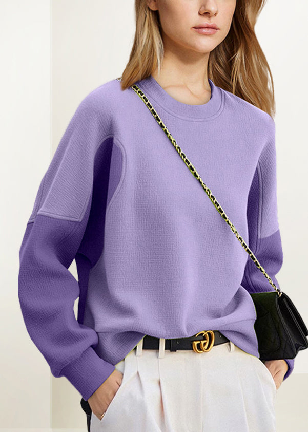 Purple O Neck Patchwork Cotton Sweatshirt Fall Wx012