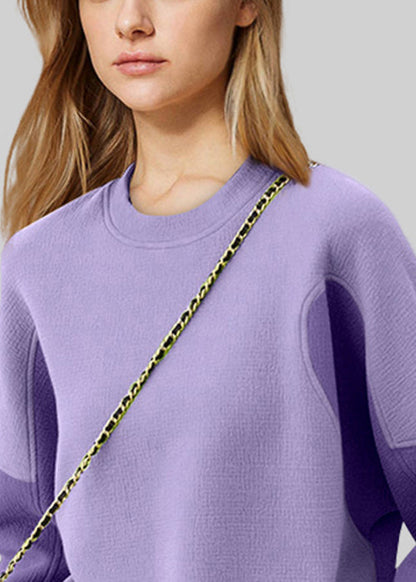 Purple O Neck Patchwork Cotton Sweatshirt Fall Wx012