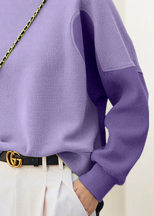 Purple O Neck Patchwork Cotton Sweatshirt Fall Wx012