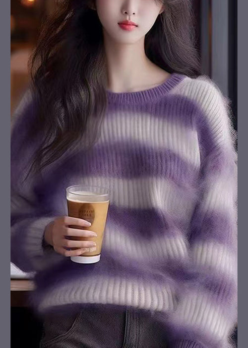 Purple O Neck Striped Cozy Knit Sweater Winter Wk004