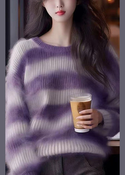 Purple O Neck Striped Cozy Knit Sweater Winter Wk004