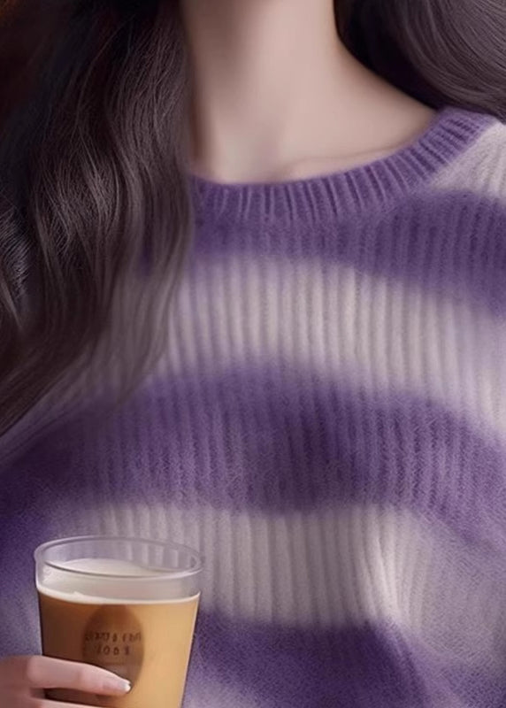 Purple O Neck Striped Cozy Knit Sweater Winter Wk004