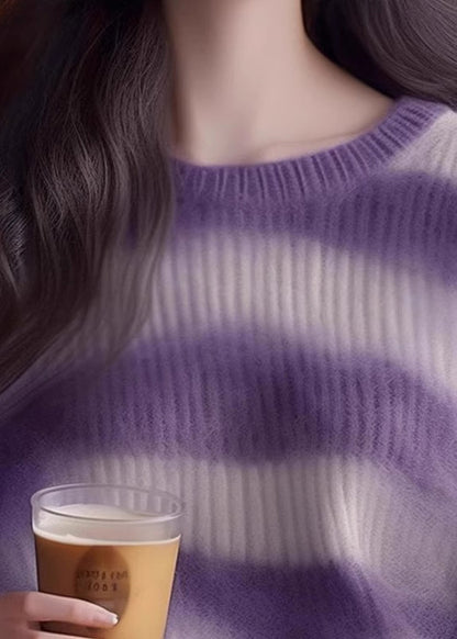 Purple O Neck Striped Cozy Knit Sweater Winter Wk004
