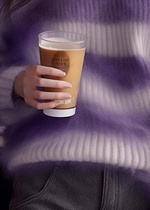 Purple O Neck Striped Cozy Knit Sweater Winter Wk004