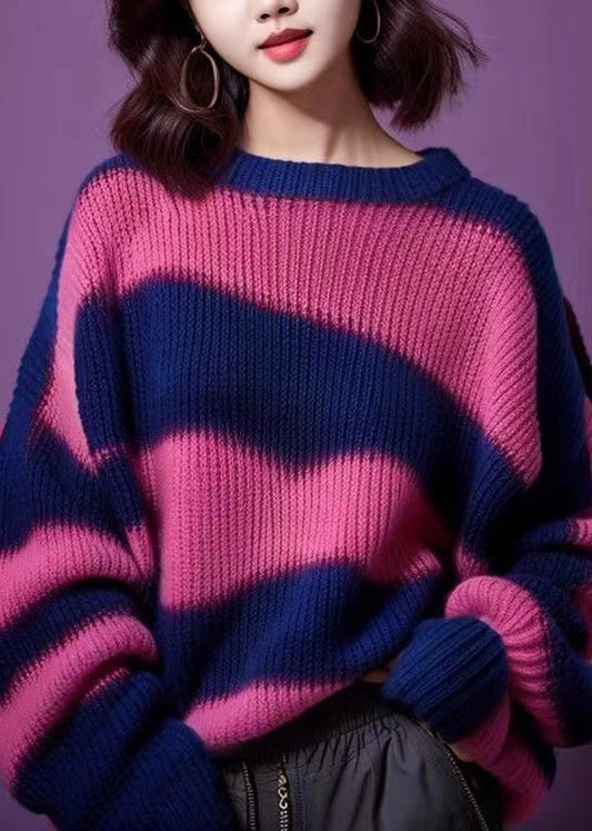 Purple O Neck Thick Patchwork Knit Sweater Winter Wx018