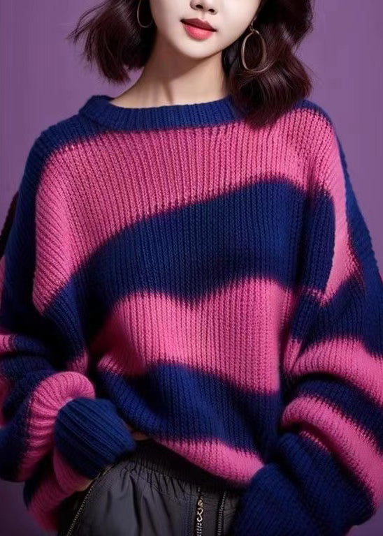 Purple O Neck Thick Patchwork Knit Sweater Winter Wx018