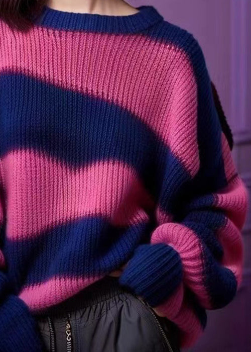 Purple O Neck Thick Patchwork Knit Sweater Winter Wx018