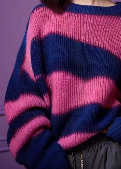 Purple O Neck Thick Patchwork Knit Sweater Winter Wx018