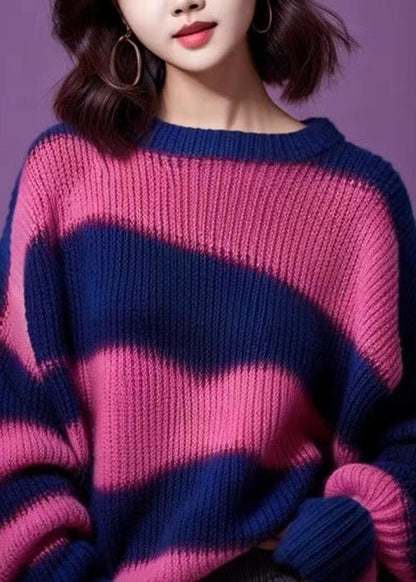 Purple O Neck Thick Patchwork Knit Sweater Winter Wx018