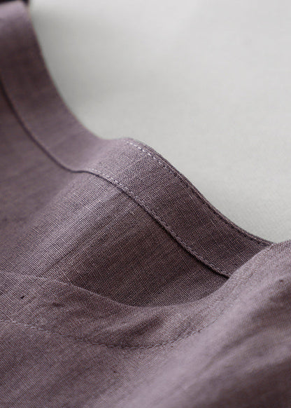 Purple O Neck Tie Waist Pockets Linen Long Dress Summer Ff044