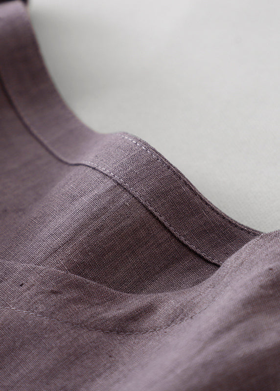 Purple O Neck Tie Waist Pockets Linen Long Dress Summer Ff044