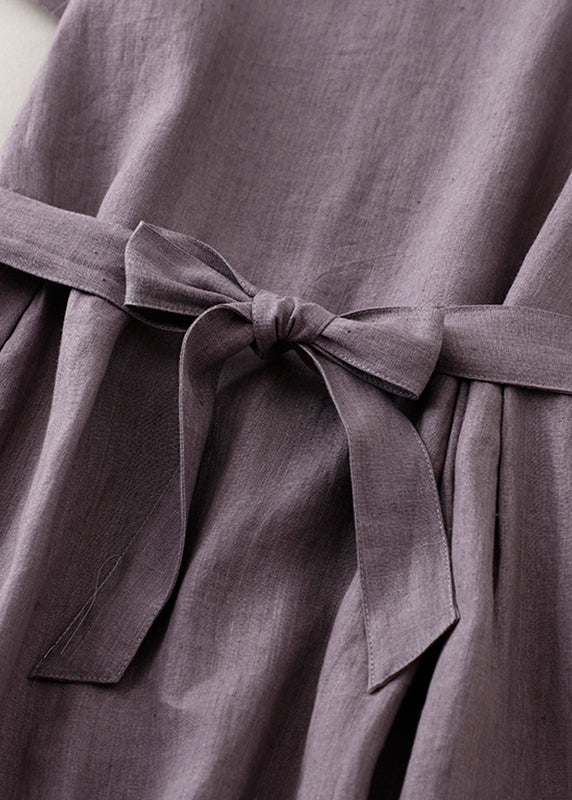 Purple O Neck Tie Waist Pockets Linen Long Dress Summer Ff044