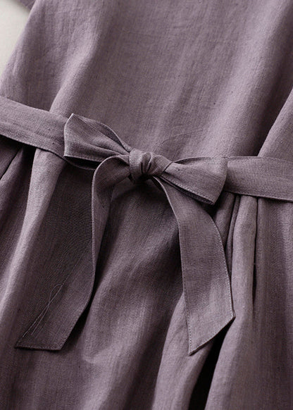 Purple O Neck Tie Waist Pockets Linen Long Dress Summer Ff044