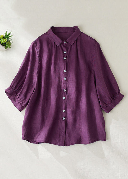 Purple Peter Pan Collar Button Linen Blouse Summer Gg031