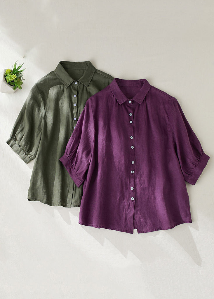 Purple Peter Pan Collar Button Linen Blouse Summer Gg031