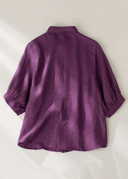 Purple Peter Pan Collar Button Linen Blouse Summer Gg031