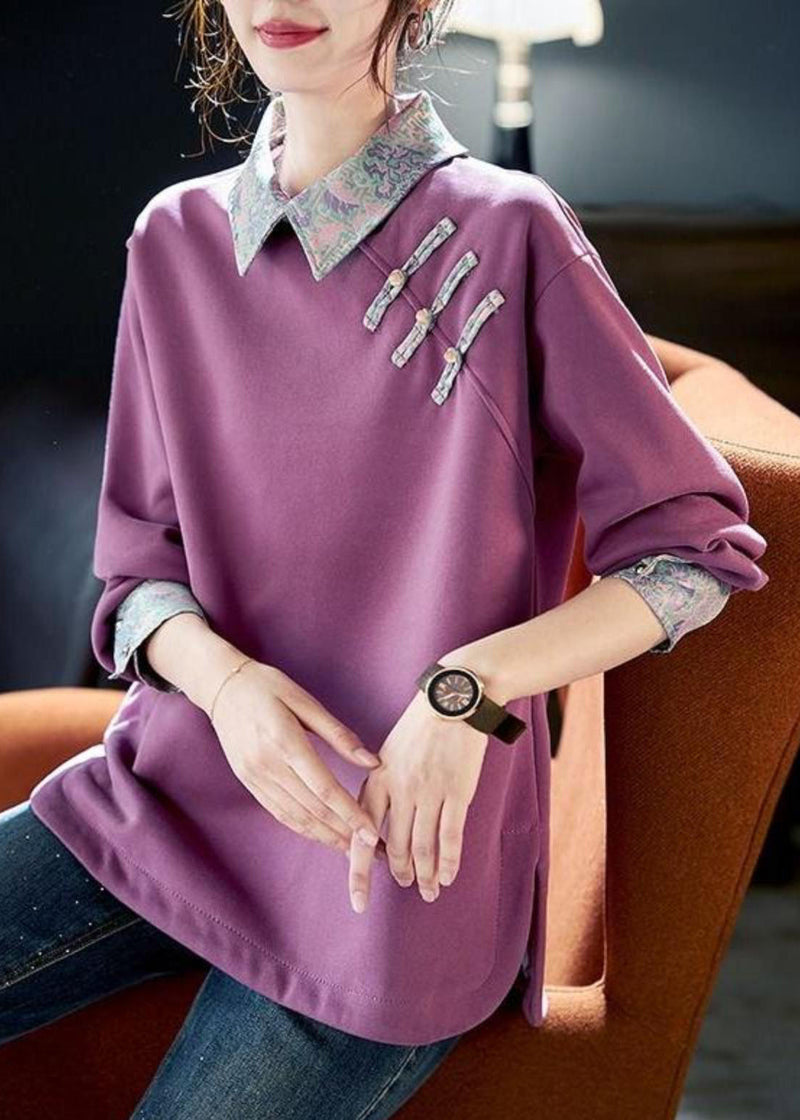Purple Peter Pan Collar Patchwork Cotton Sweatshirts Spring Rl047