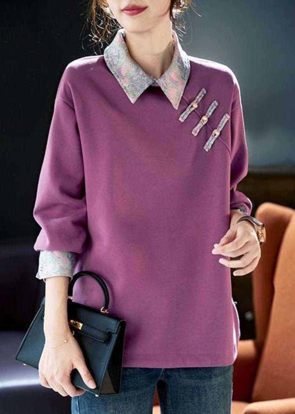 Purple Peter Pan Collar Patchwork Cotton Sweatshirts Spring Rl047