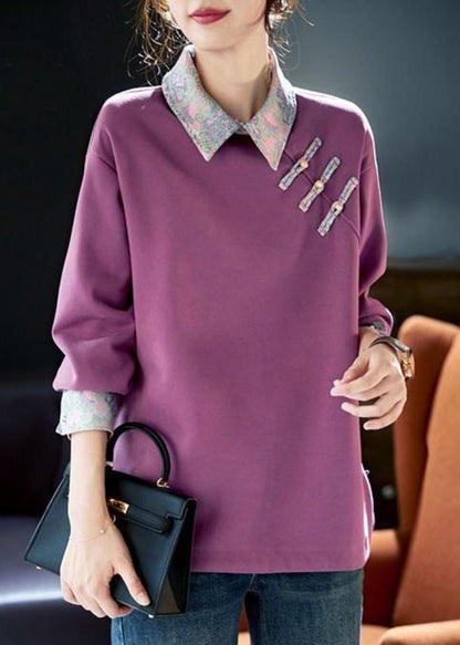 Purple Peter Pan Collar Patchwork Cotton Sweatshirts Spring Rl047