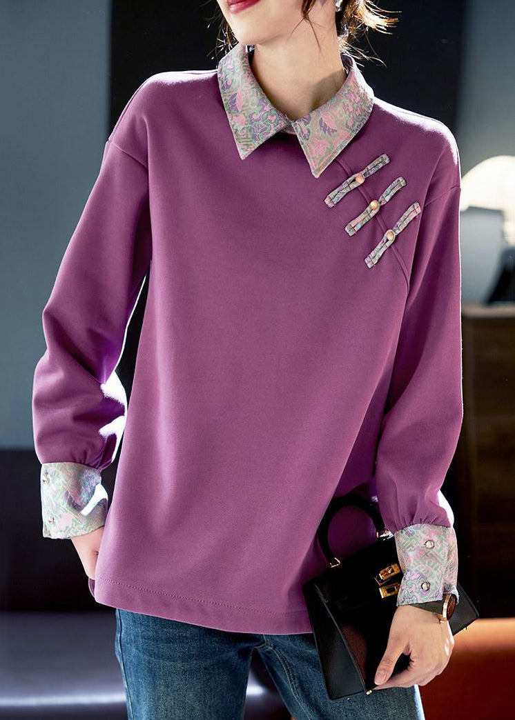 Purple Peter Pan Collar Patchwork Cotton Sweatshirts Spring Rl047