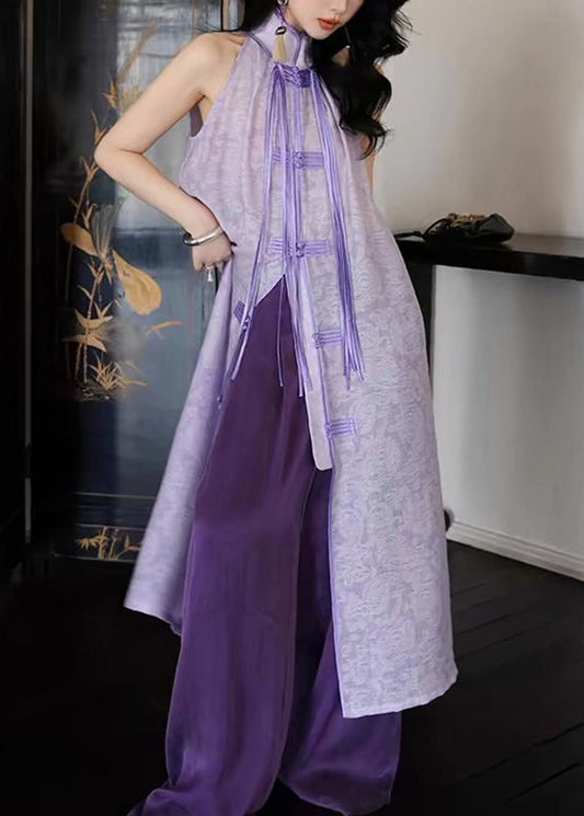 Purple Stand Collar Asymmetrical Button Tassel Maxi Dresses Summer Uu1032