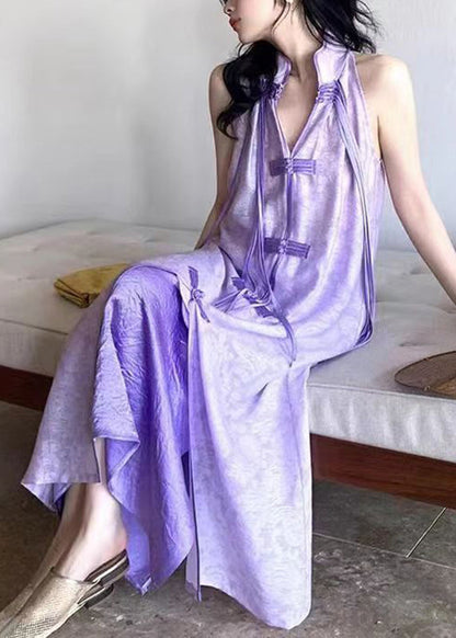 Purple Stand Collar Asymmetrical Button Tassel Maxi Dresses Summer Uu1032