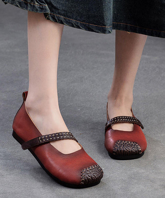 Red Cowhide Leather Splicing Flat Shoes Sl1017