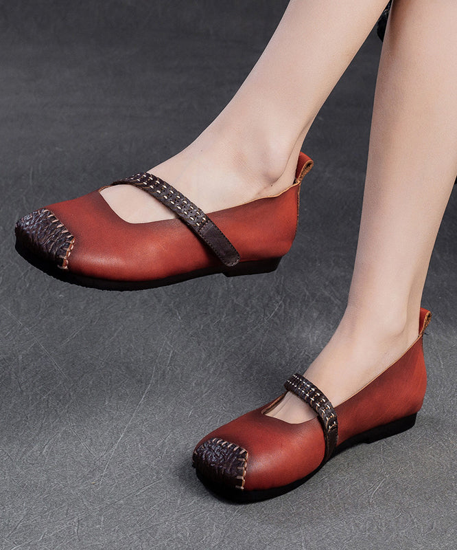 Red Cowhide Leather Splicing Flat Shoes Sl1017