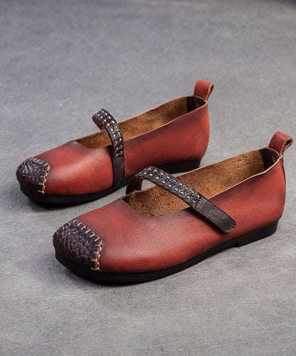 Red Cowhide Leather Splicing Flat Shoes Sl1017