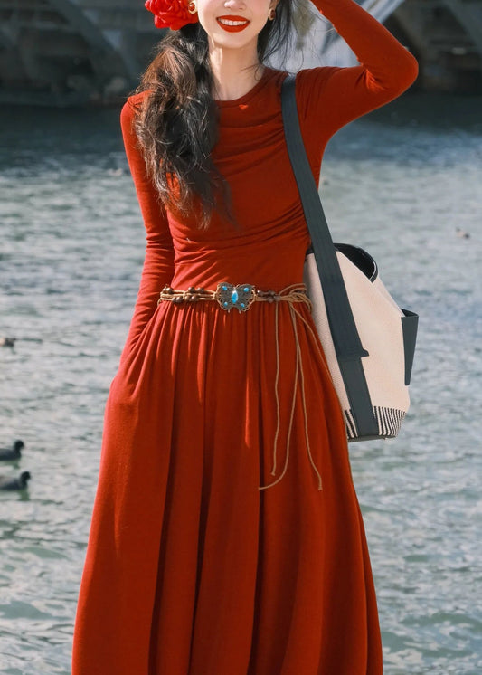 Red O-neck Pockets Cotton Long Dress Spring Yt032