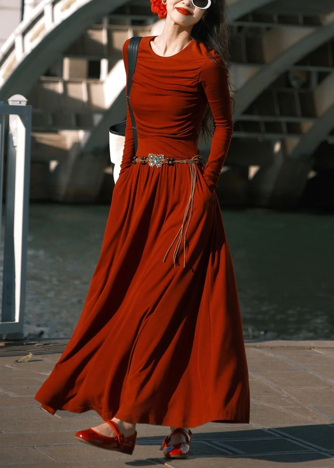 Red O-neck Pockets Cotton Long Dress Spring Yt032