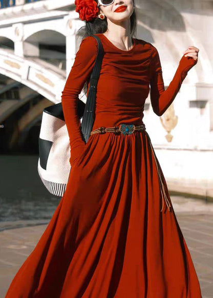 Red O-neck Pockets Cotton Long Dress Spring Yt032