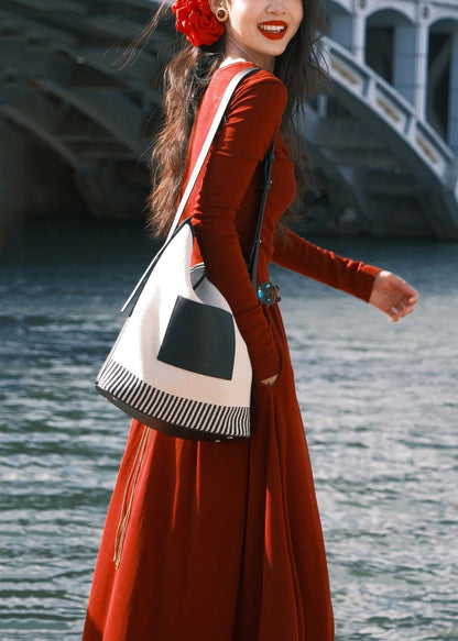 Red O-neck Pockets Cotton Long Dress Spring Yt032