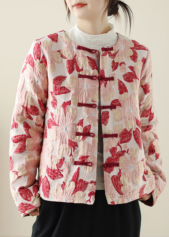 Red O Neck Print Button Pockets Thick Coats Winter Qo033