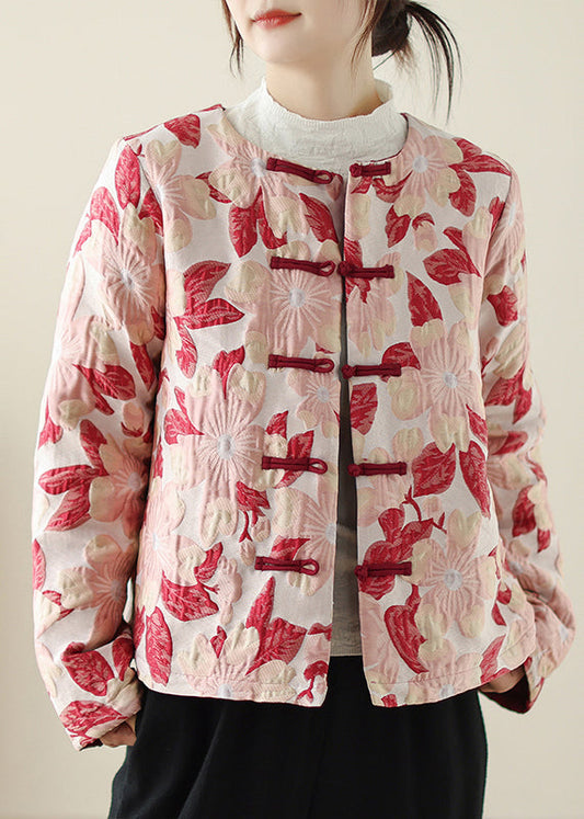 Red O Neck Print Button Pockets Thick Coats Winter Qo033