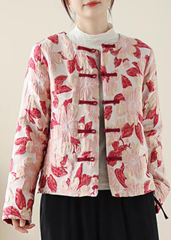 Red O Neck Print Button Pockets Thick Coats Winter Qo033