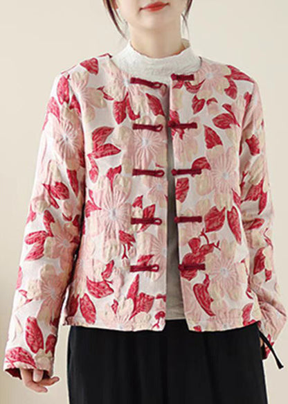 Red O Neck Print Button Pockets Thick Coats Winter Qo033