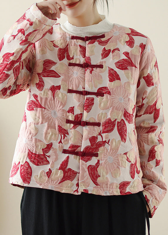 Red O Neck Print Button Pockets Thick Coats Winter Qo033