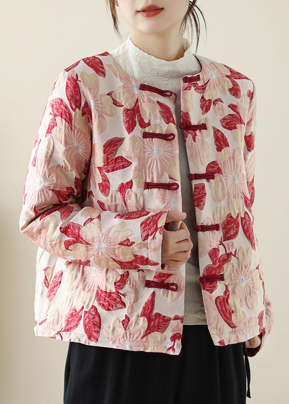 Red O Neck Print Button Pockets Thick Coats Winter Qo033