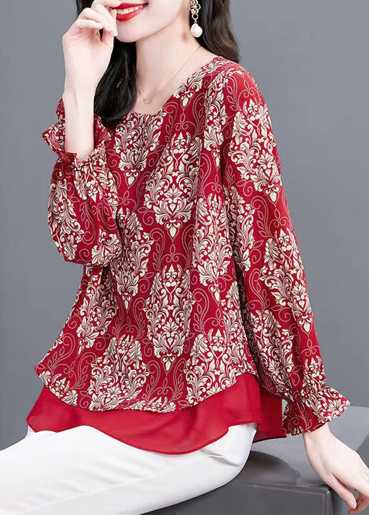 Red O Neck Print Patchwork Chiffon Blouses Flare Sleeve Op1066
