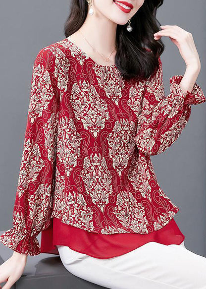 Red O Neck Print Patchwork Chiffon Blouses Flare Sleeve Op1066