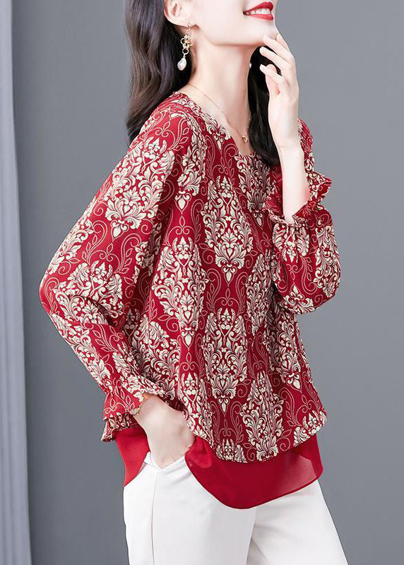 Red O Neck Print Patchwork Chiffon Blouses Flare Sleeve Op1066