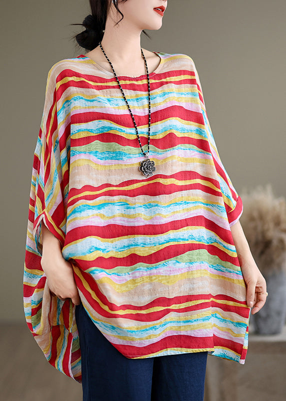 Red O Neck Striped Cotton Blouse Tops Batwing Sleeve Ap080