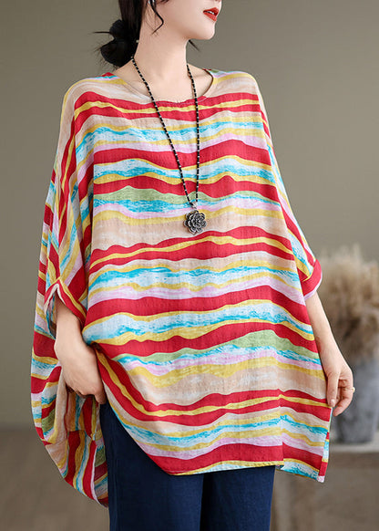 Red O Neck Striped Cotton Blouse Tops Batwing Sleeve Ap080