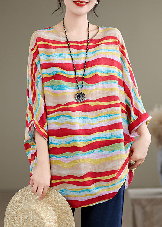 Red O Neck Striped Cotton Blouse Tops Batwing Sleeve Ap080