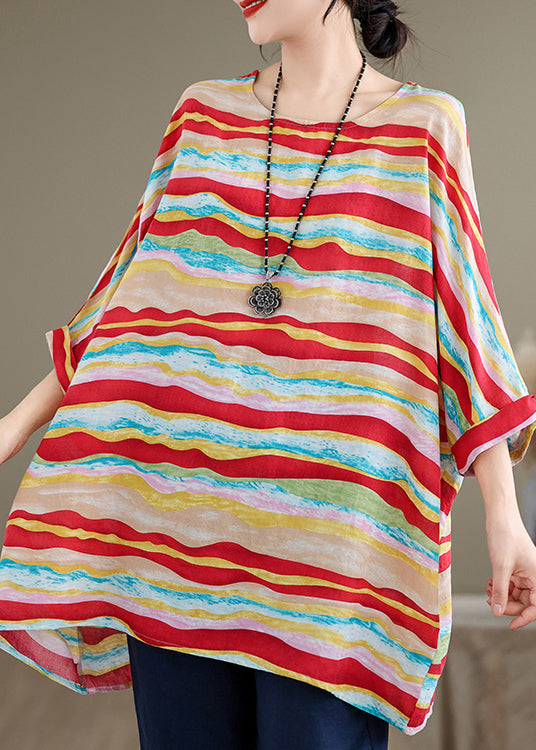 Red O Neck Striped Cotton Blouse Tops Batwing Sleeve Ap080